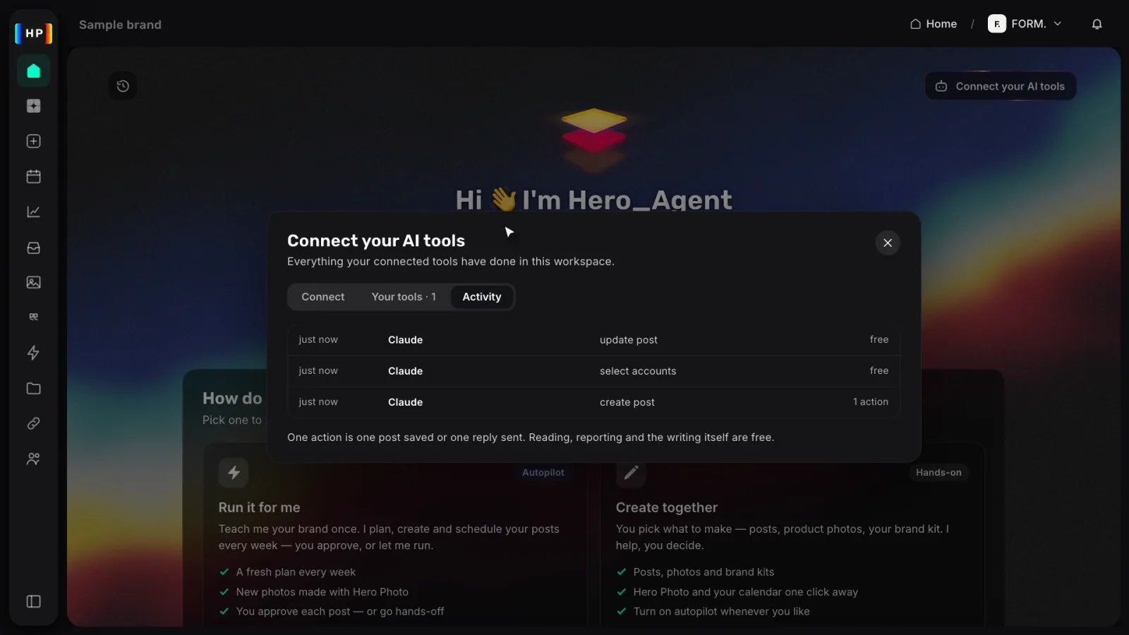 Heropost’s AI tools Activity tab showing the draft Claude created