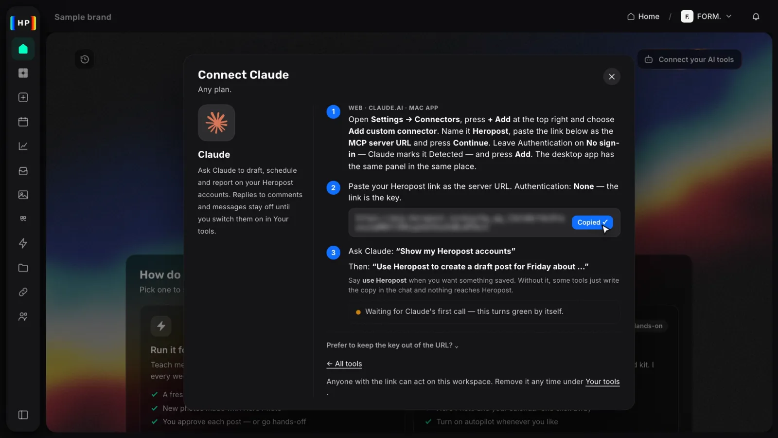 Connect Claude steps in Heropost with the copied link, blurred