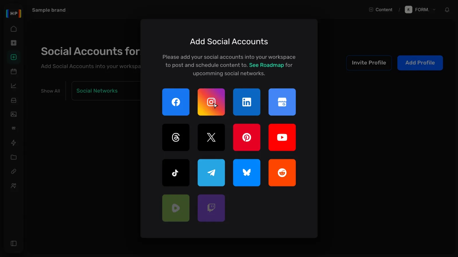 The Add Social Accounts dialog with the network icons