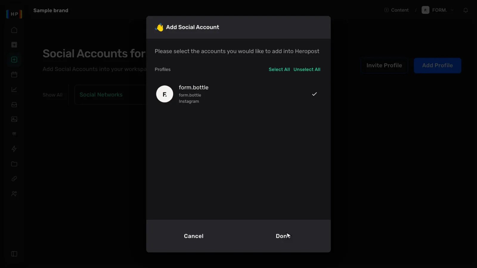 Selecting the Instagram account to add to Heropost
